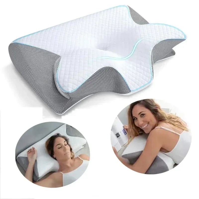 Memory foam pillow with anatomical contours for neck pain relief and abdominal support
