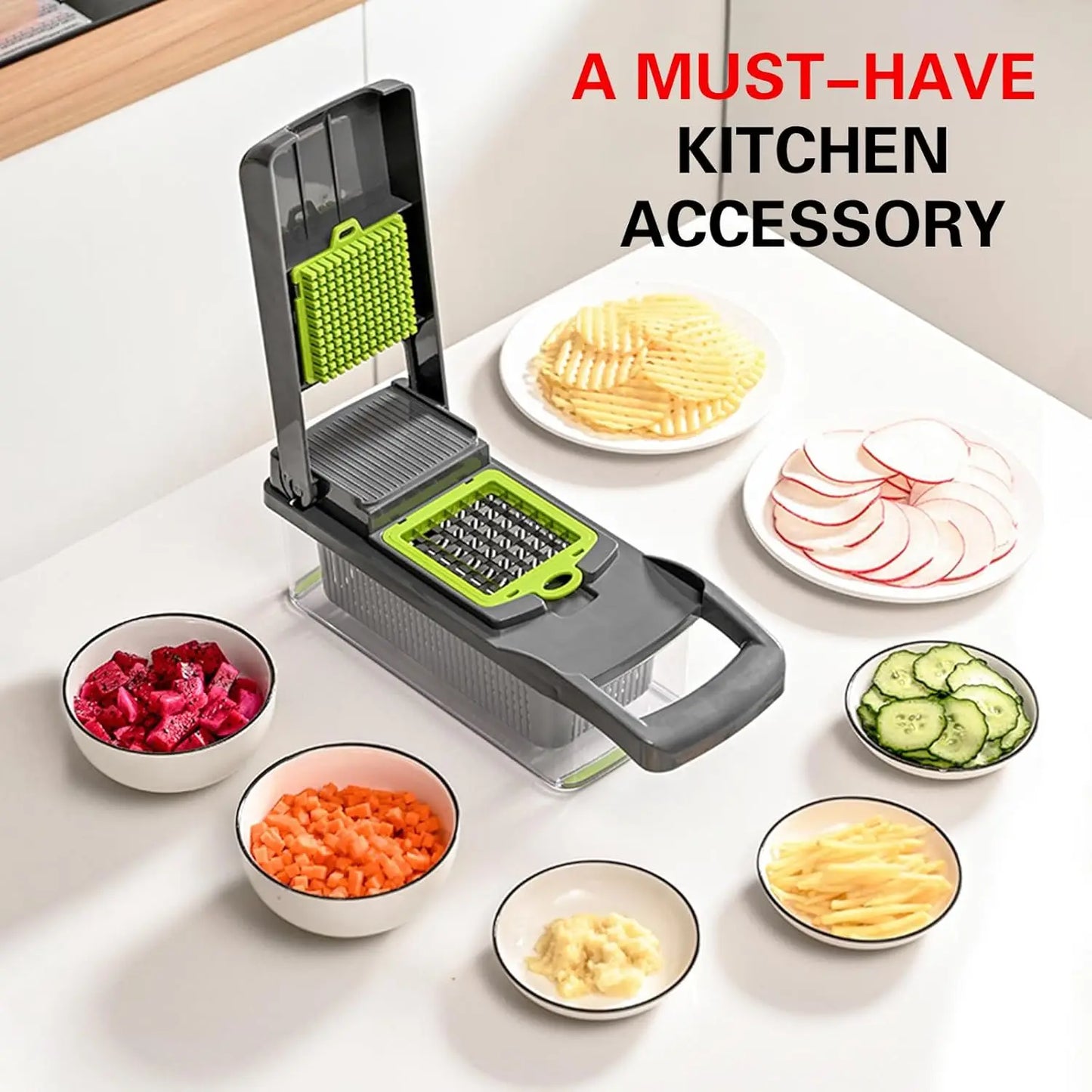 Multi-Function Food Chopper for Potatoes, Tomatoes, and Vegetables 16-in-1 Professional Kitchen Slicer with Cleaver Blade,