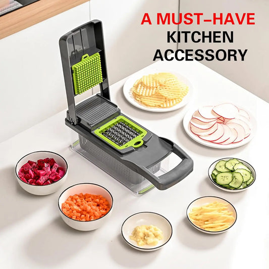 Multi-Function Food Chopper for Potatoes, Tomatoes, and Vegetables 16-in-1 Professional Kitchen Slicer with Cleaver Blade,