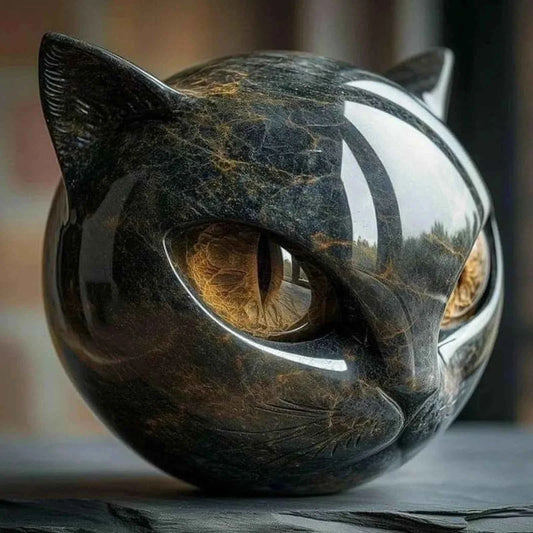 Black Cat Resin Figurine - Marble Texture Cat Head Stone Keepsake Office Desk Decor Gift for Cat Lovers Healing Crystal Style