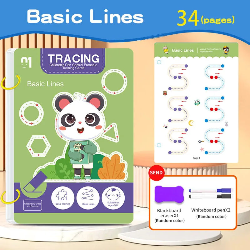 Children's Reusable Writing Workbook Set — 36 Pages with Erasable Pen