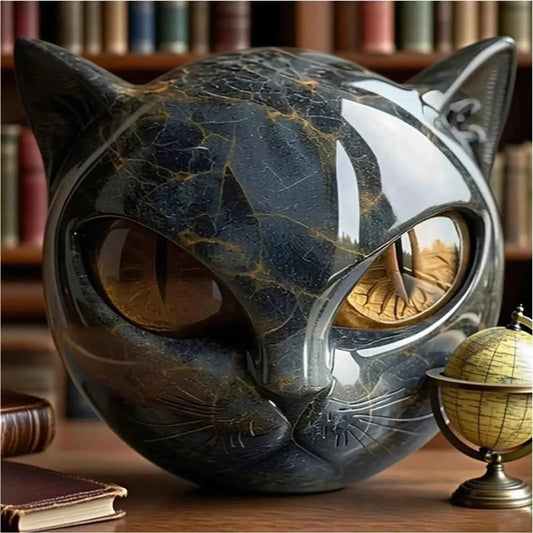 Black Cat Resin Figurine - Marble Texture Cat Head Stone Keepsake Office Desk Decor Gift for Cat Lovers Healing Crystal Style