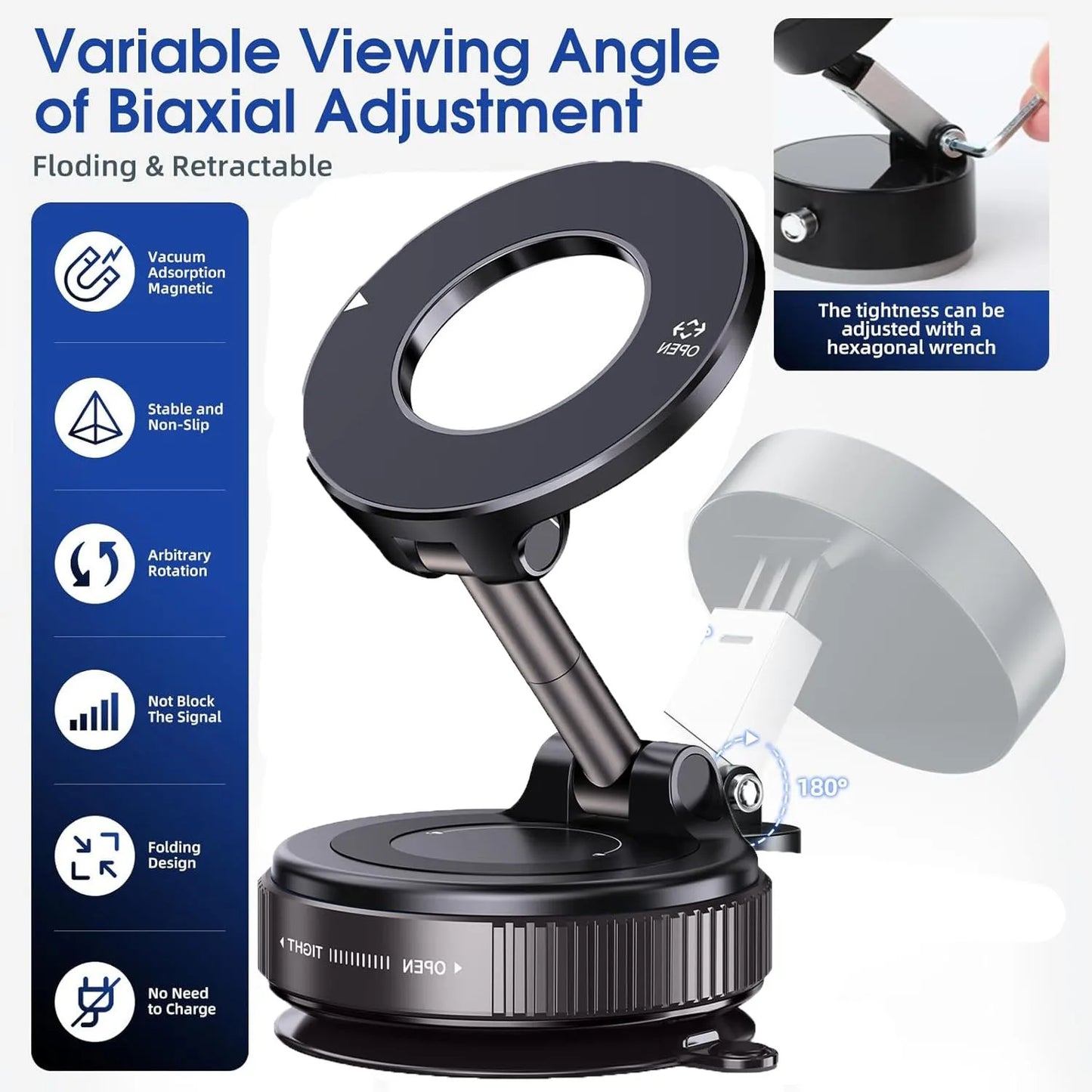 Magnetic Car Phone Holder – 360° Adjustable Vacuum Mount, Universal Fit