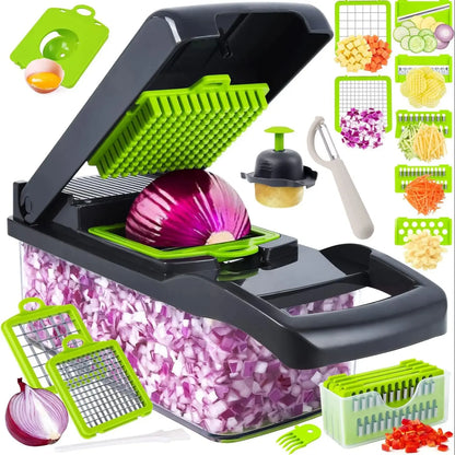 Multi-Function Food Chopper for Potatoes, Tomatoes, and Vegetables 16-in-1 Professional Kitchen Slicer with Cleaver Blade,
